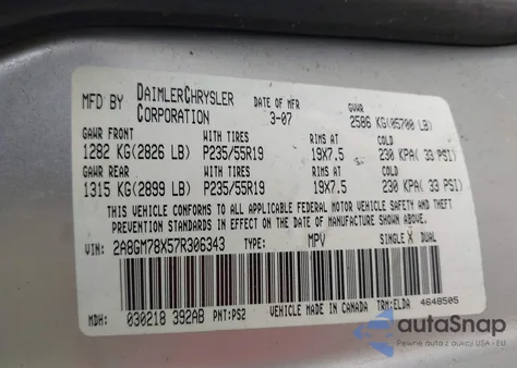 2007 Chrysler Pacifica Limited z USA, uszkodzony, nr VIN 2A8GM78X57R306343